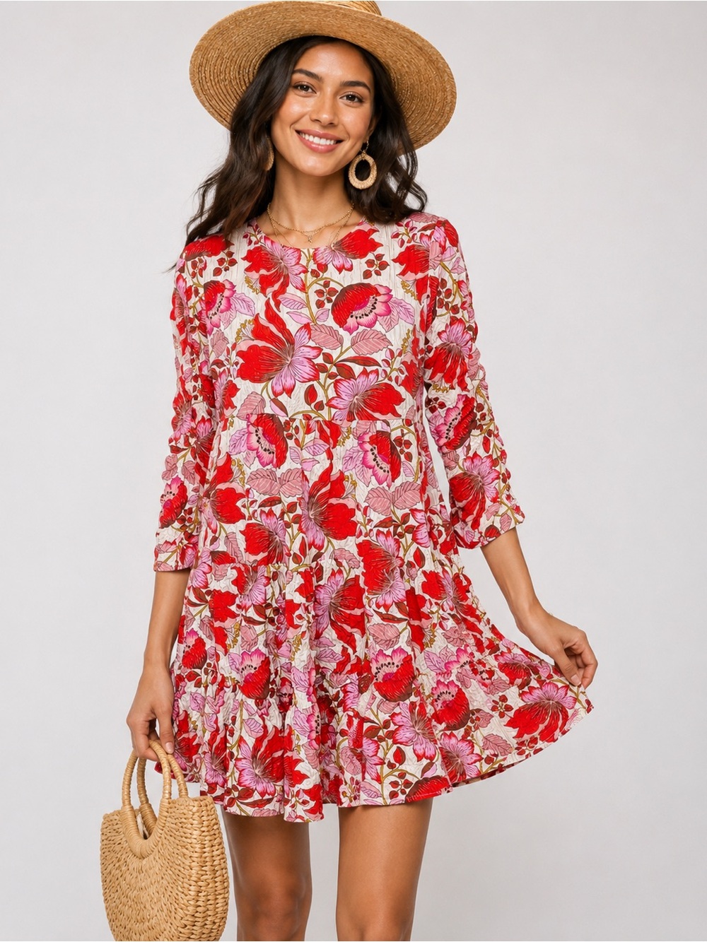 Zara Sharon Red Pink Floral Mini Babydoll Swing Tiered Boho Dress Size  XS